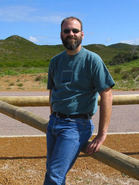 This picture was taken in Esperance, Western Australia, in late September, 2002. Sunglasses by Dirty Dog, T-shirt by Cape Mentelle, pants by Levi's. (Does anyone ever actually read this stuff?)
